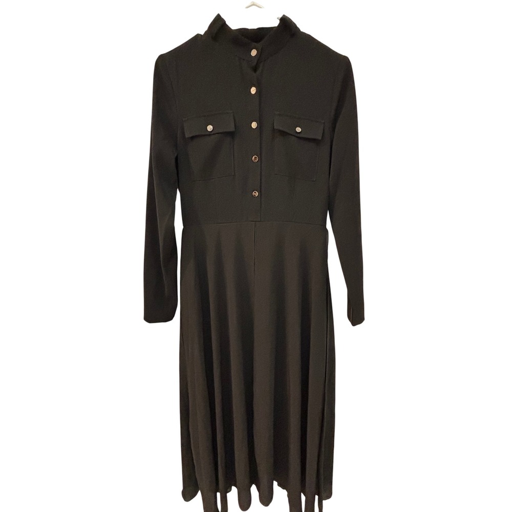Aleeza Paris Sophia Dress Womens S Black Mock Neck Button Front Multi layered